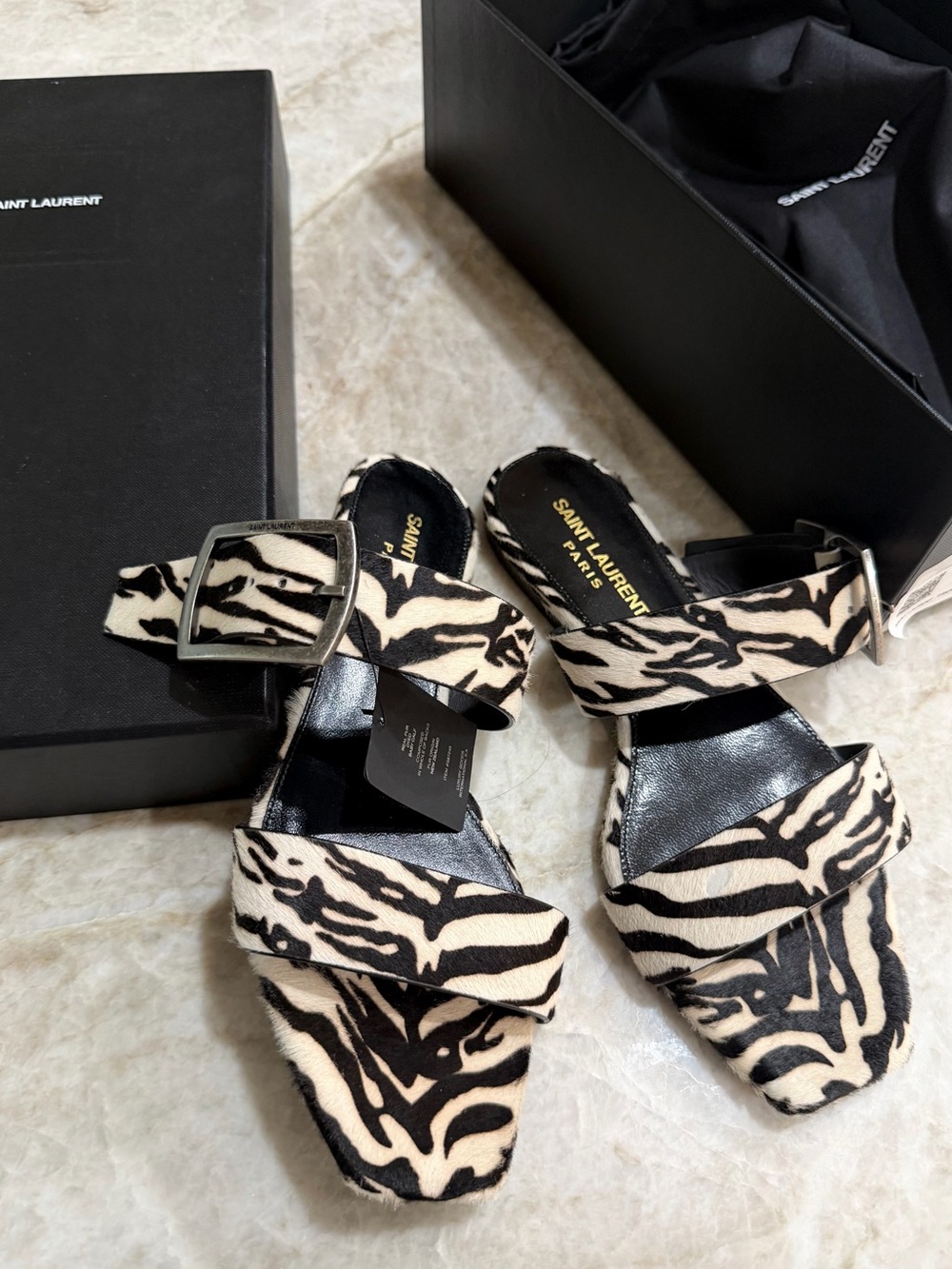 Fabulous Saint Laurent Black and Cream Zebra-Patterned Block Heel Sandals.